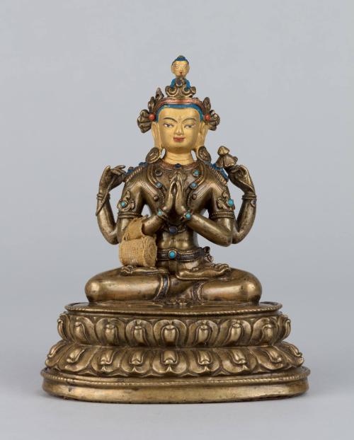 Four-armed Avalokiteshvara; Tibet; 16th century; copper alloy with mineral pigments, semi-preci…