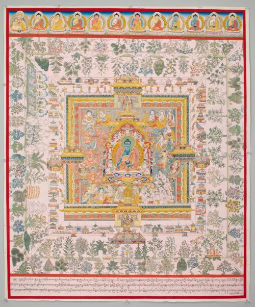 Lobsang Drubjam Tsering; Medicine Buddha Palace (Copy of first painting from the set of the Tib…