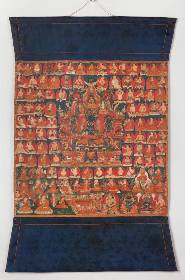 Vajradhara with Eighty-Five Great Adepts (Mahasiddhas); western Tibet; ca. 15th century; pigmen…