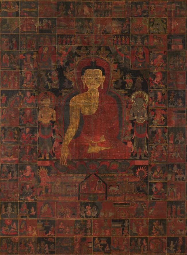 Buddha Shakyamuni and Stories of his Previous Lives; Tibet; mid-late 14th century; pigments on …