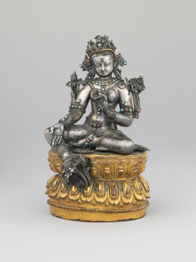 Green Tara; Tibet; 15th century; silver, gilt copper alloy with inlaid semi-precious stones; Ru…