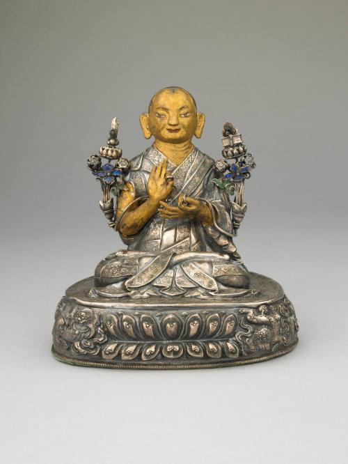 Tsongkhapa (1357-1419); Tibet; 16th century; silver, copper, and enamel with semiprecious stone…