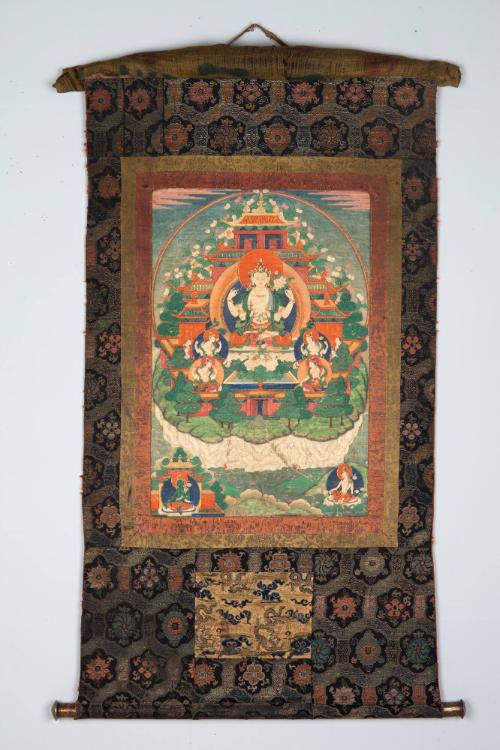 Four-Armed Avalokiteshvara in his Pure Realm; Tibet; late 18th - early 19th century; pigments o…