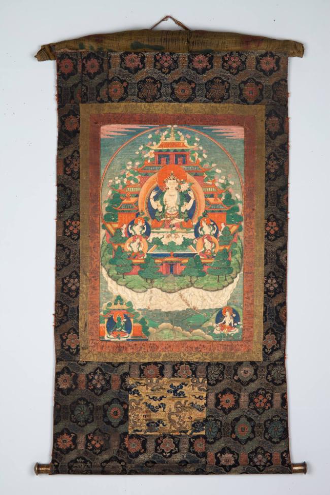 Four-Armed Avalokiteshvara in his Pure Realm; Tibet; late 18th - early 19th century; pigments o…