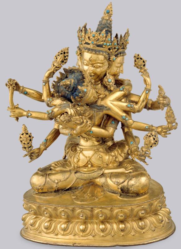 Guhyasamaja with Consort; Tibet; 15th century; gilt copper alloy with inlaid semiprecious stone…