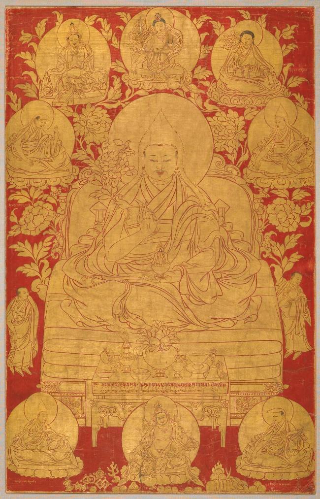 The Fifth Dalai Lama, Ngawang Lobzang Gyatso (1617-1682) with Previous Incarnations; Central Ti…