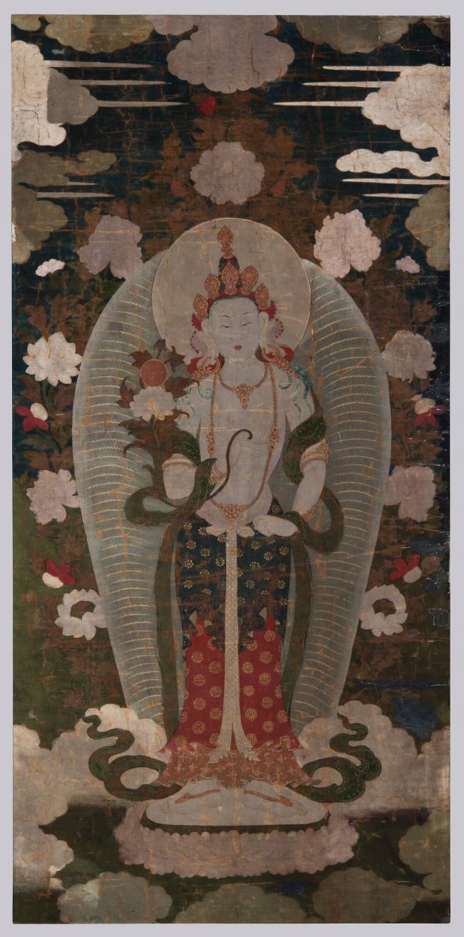 Bodhisattva Suryabaskara; China or Inner Mongolia; 18th century; ground mineral pigment on cott…