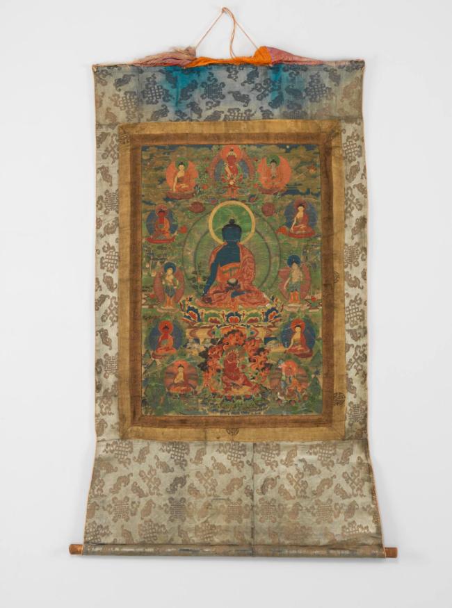 Medicine Buddha, Bhaisajyaguru; Tibet; 18th-19th century; pigments on cloth; Rubin Museum of Ar…