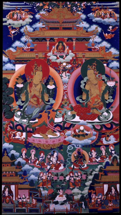 Bodhisattvas Maitreya and Manjushri in Tushita Pure Realm; Tibet; early 20th century; pigments …