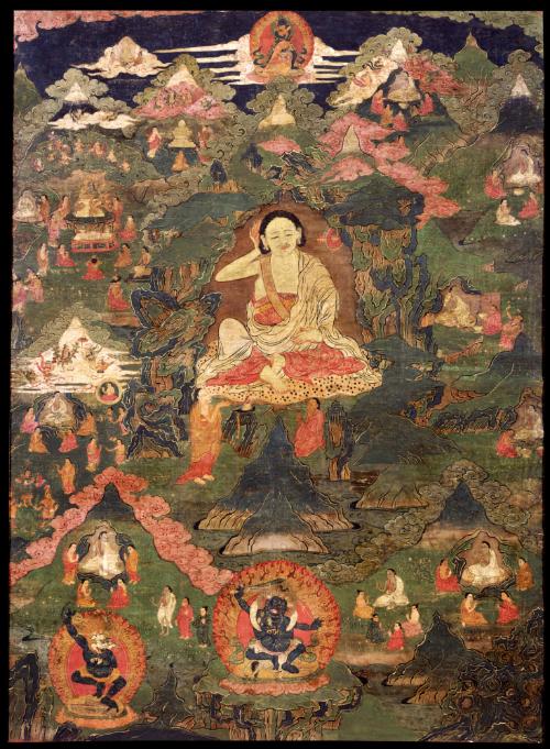 Milarepa (1052-1135) and Scenes from His Life; Tibet; 18th century; pigments on cloth; Rubin Mu…