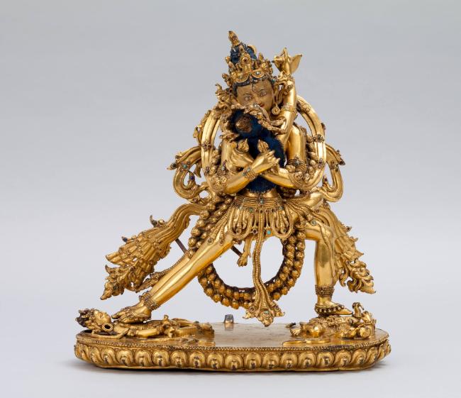 Chakrasamvara in Union with Consort Vajravarahi; central Tibet; 14th century; gilt copper alloy…