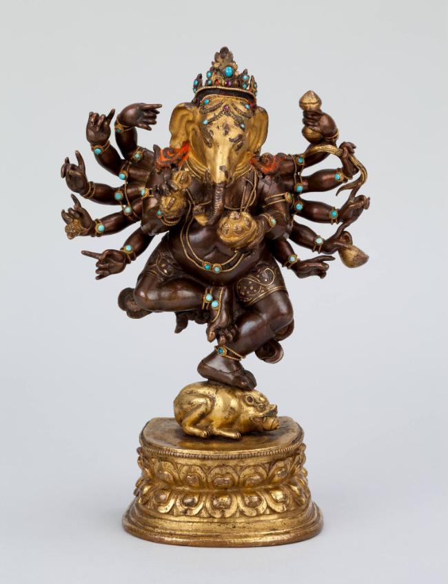 Dancing Ganapati; Tibet; 17th century; gilt copper alloy with pigments and turquoise inlays; Ru…