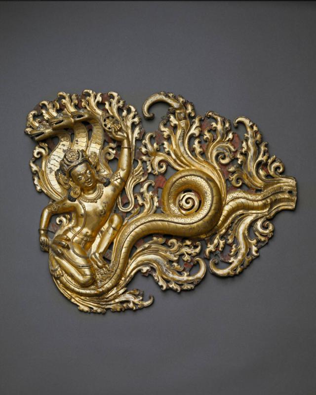 Flying Naga; Nepal or Tibet; 14th century; gilt copper alloy; repoussé; Rubin Museum of Art; C2…